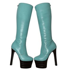 Gucci Aquamarine Teal Angel Feline Head Platform Knee High Zip Up Boot EU 36.5